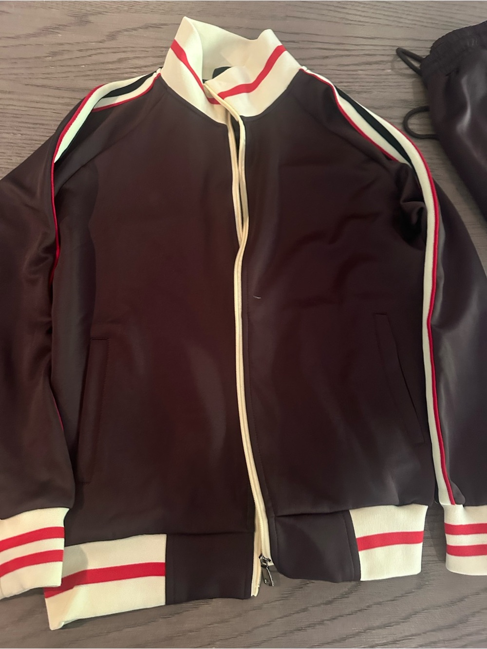 Brown Track Jacket with Cream & Red Stripes